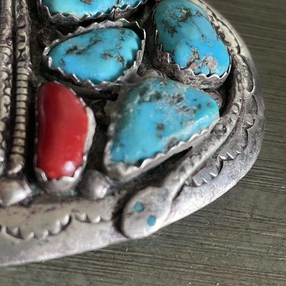 Rare Vintage Effie C Calavaza Turquoise and Coral Sterling Belt Buckle - Picture 5 of 14